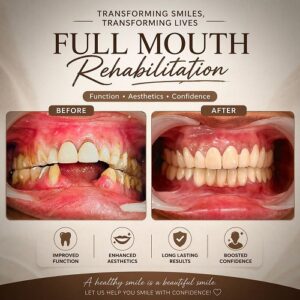 Poster shows a full-mouth rehabilitation transformation: 'Before' image of damaged teeth on the left and 'After' image with straight, white teeth on the right; beneath are icons and labels for improved function, enhanced aesthetics, long-lasting results, and boosted confidence.